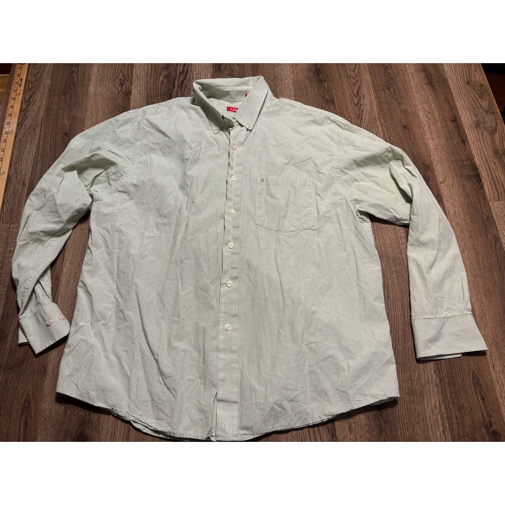 IZOD Shirt Mens Size XL Green Striped Button Up Long Sleeve Collared Pocket